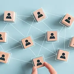 Illustration conceptuelle de réseautage et gestion d'équipe pour une formation en Vente, Entreprenariat et RH chez Kalyane Consulting.