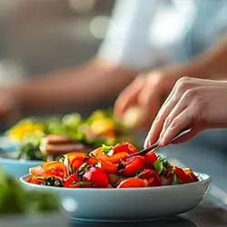 Préparation d'un plat sain lors d'une formation cuisine professionnelle avec Kalyane Consulting.