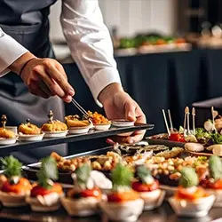 Chef cuisinier dressant des pièces de traiteur lors d'une formation professionnelle chez Kalyane Consulting certifiée Akto.